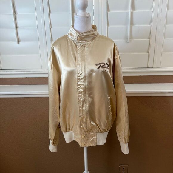 Vintage 90s Las Vegas Rio Hotel And Casino Satin Bomber Jacket Gold Size Large